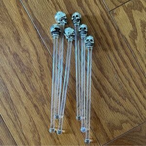 Lot of 6 Skull Cocktail Drink Stir Sticks - Silver Stirrer